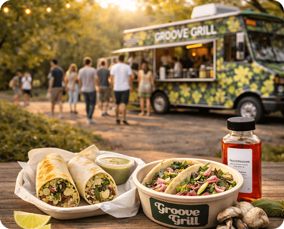 A vibrant food truck with a mushroom theme serving meals