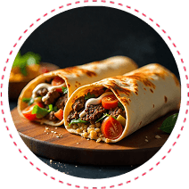 Shawarma wrap with halal chicken or beef, King Trumpet and Maitake mushrooms, and garlic sauce