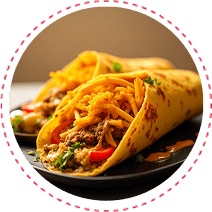 Shawarma wrap with halal chicken or beef, King Trumpet and Maitake mushrooms, and garlic sauce