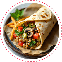 Shawarma wrap with halal chicken or beef, King Trumpet and Maitake mushrooms, and garlic sauce