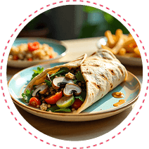 Shawarma wrap with halal chicken or beef, King Trumpet and Maitake mushrooms, and garlic sauce