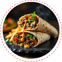 Shawarma wrap with halal chicken or beef, King Trumpet and Maitake mushrooms, and garlic sauce